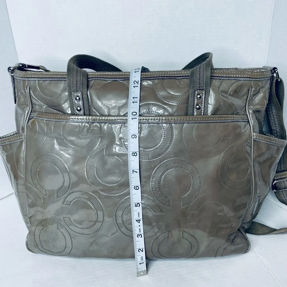 COACH 16977 Rare Gray Signature Patent Leather Tote Travel Diaper Bag